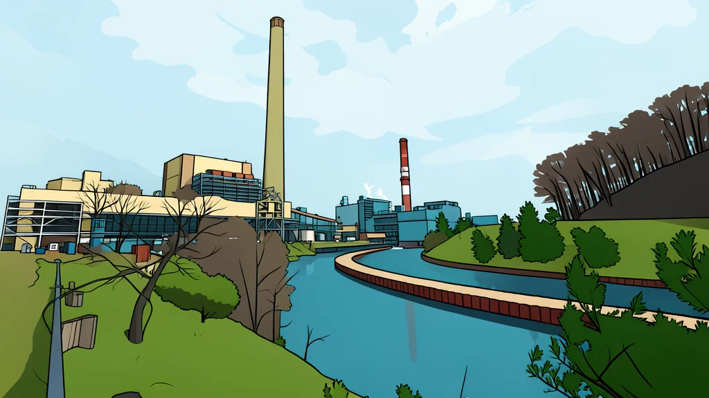 A large industrial coal power plant with smokestacks emitting plumes of smoke against a grey sky