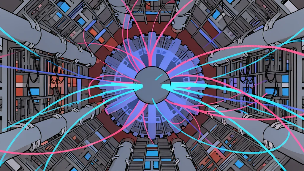 A large, circular particle accelerator ring with complex magnetic coils and beam pipes