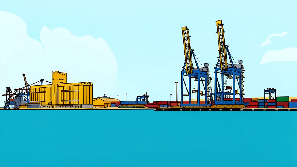 A large cargo ship docked at a port crane structure