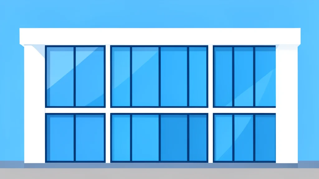 A modern bank building facade with large glass windows reflecting a clear sky