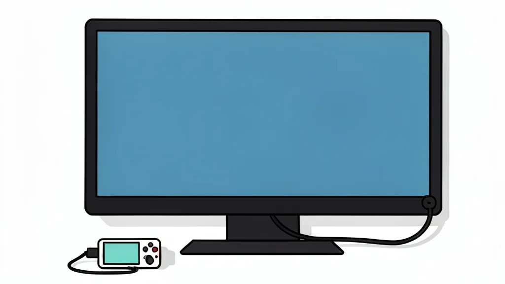 A small, rectangular handheld gaming device with a screen and buttons, connected by a black cable to a large flat-screen television.