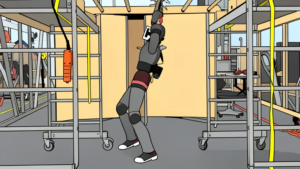 A flat-vector illustration of a humanoid robot with articulated limbs hanging from a metal ladder structure.