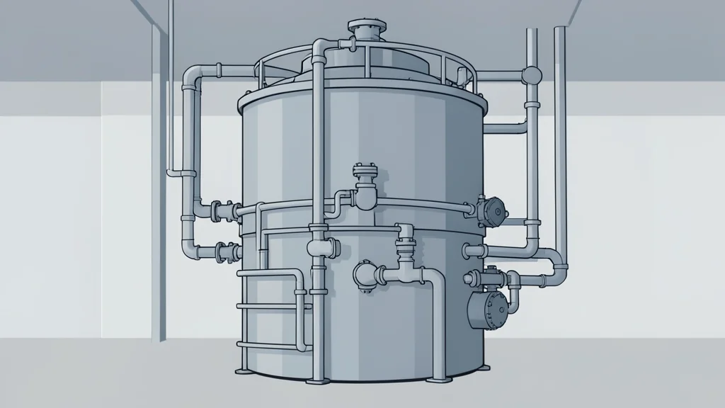 A large, cylindrical metal container with a complex array of pipes and valves, situated in a sterile industrial facility.