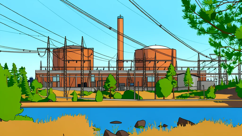 A large industrial cooling tower with steam rising from the top against a clear sky
