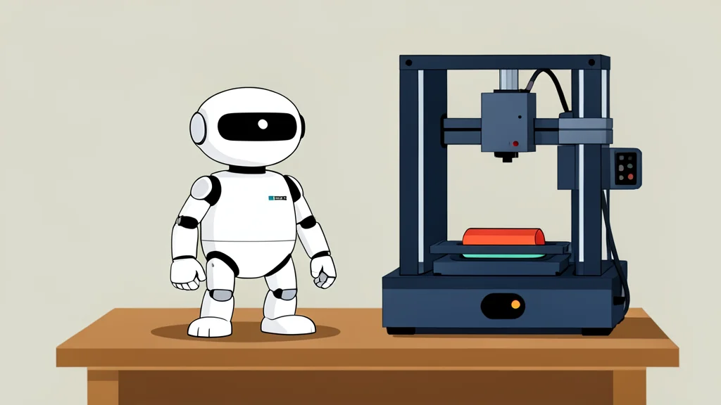 A small, white, bipedal robot standing on a wooden workbench next to a desktop 3D printer and a spool of plastic filament.