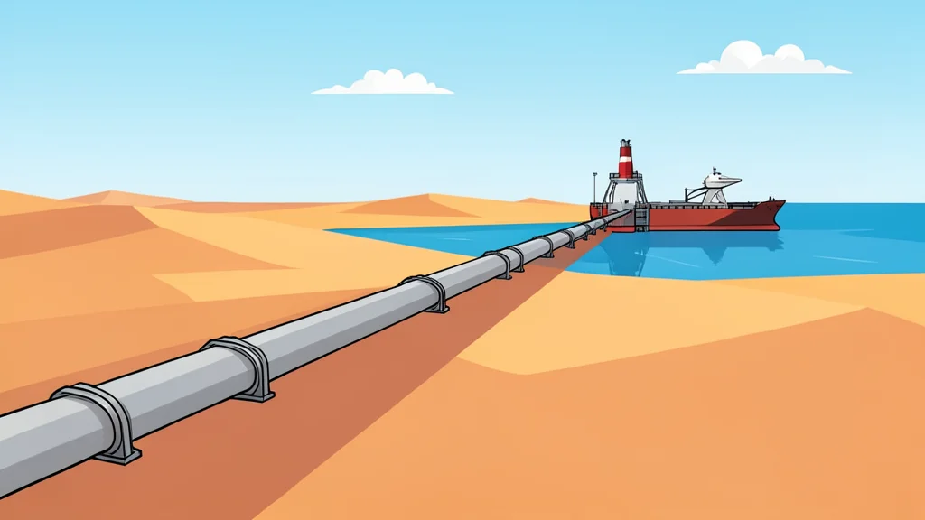 A long pipeline stretching across a desert landscape towards a coastal port facility