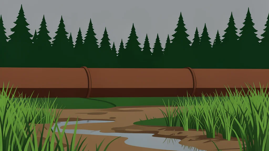 A steel pipeline winding through a dense northern forest with wetlands in the foreground.
