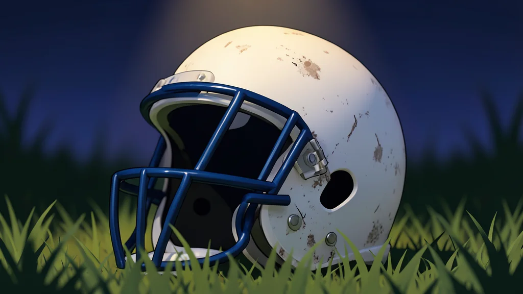 A vast, open-air stadium with vibrant green grass and crisp white yard lines glowing under intense overhead lights.