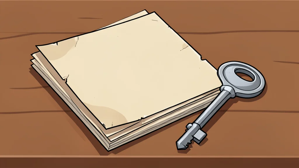 A stack of worn paper contracts and a heavy metal key resting on a wooden desk