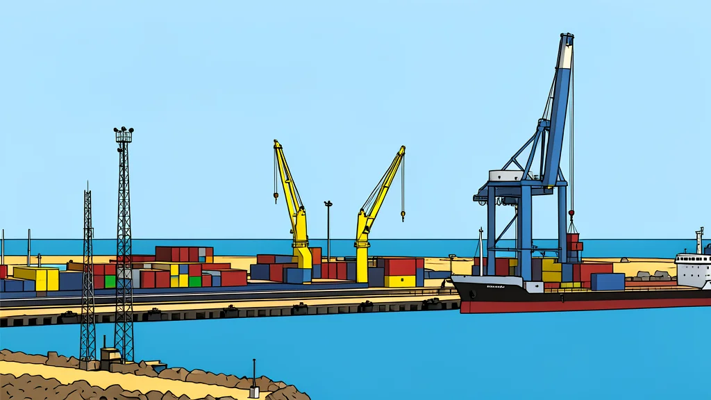 A large cargo ship docked at a modern port facility with cranes in the background