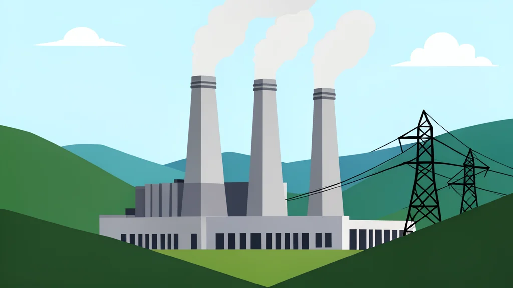 A large industrial power station with cooling towers and transmission lines standing in a valley landscape