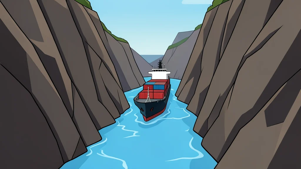 A narrow, winding waterway between steep rocky cliffs with a large cargo ship navigating through the channel