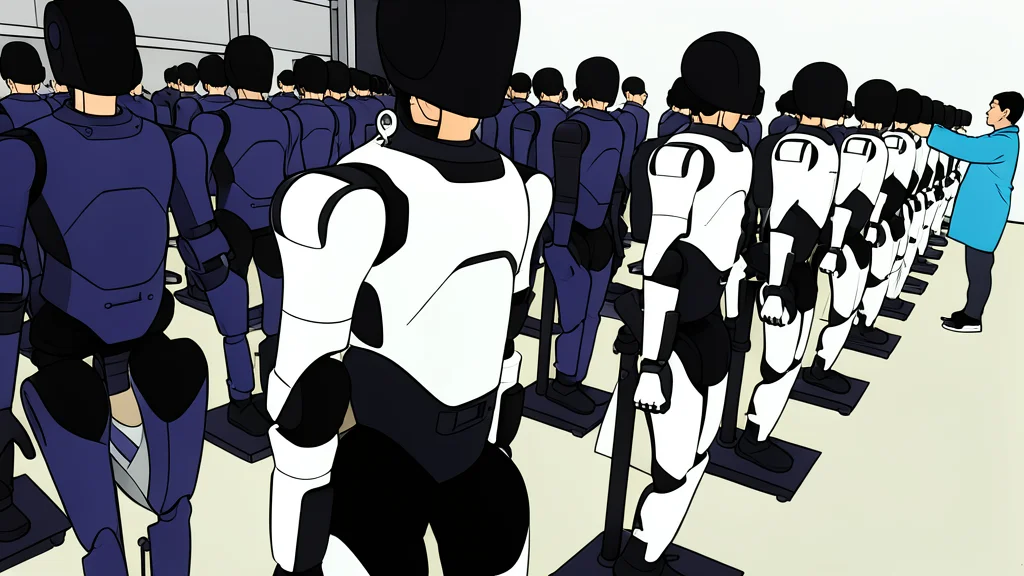 A humanoid robot standing on a factory assembly line