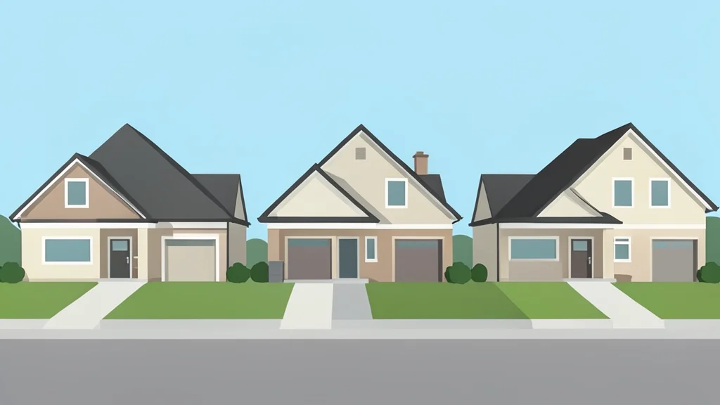 A flat vector illustration of a row of suburban houses with pitched roofs and front yards.