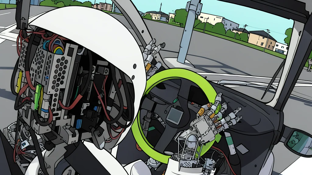A humanoid robot figure seated in the driver's seat of a car, hands on the steering wheel