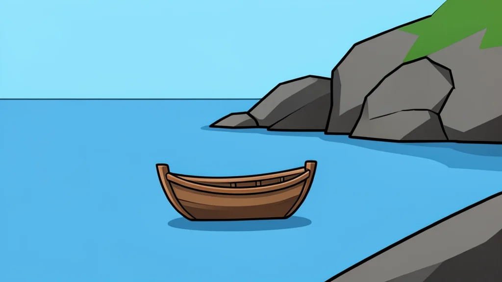 A small wooden boat floating on calm blue water near a rocky coastline