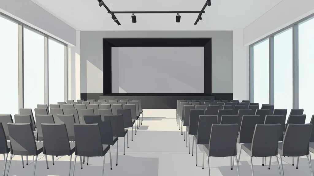 A large, modern conference hall with rows of empty chairs facing a stage, bathed in soft natural light from tall windows.