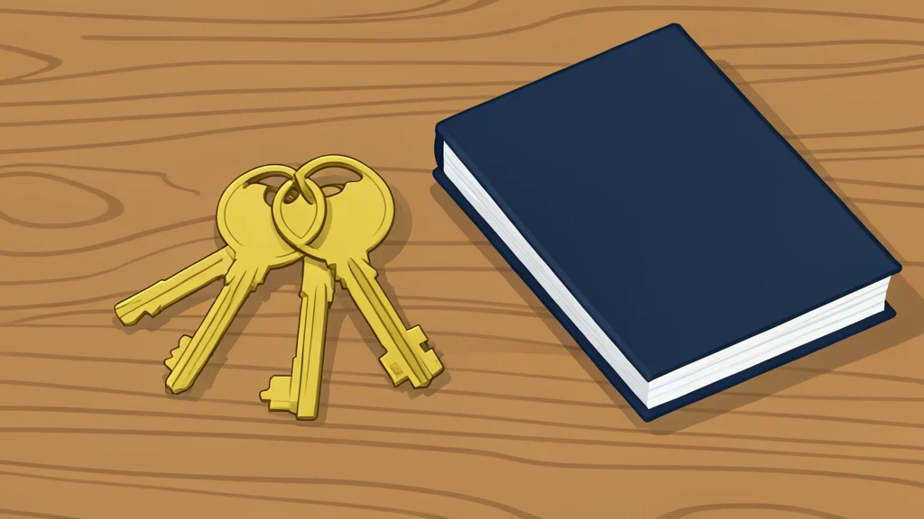A set of brass house keys resting on a wooden table next to a closed book