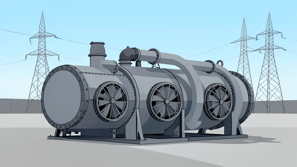 A large industrial gas turbine engine situated in an open-air power station yard