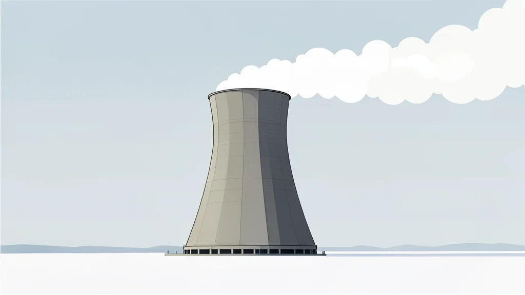 A large, cylindrical concrete cooling tower with steam rising from the top, standing against a clear blue sky.