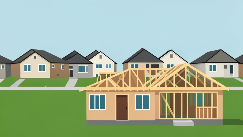 A row of suburban houses with pitched roofs and a single-family home under construction with wooden framing visible