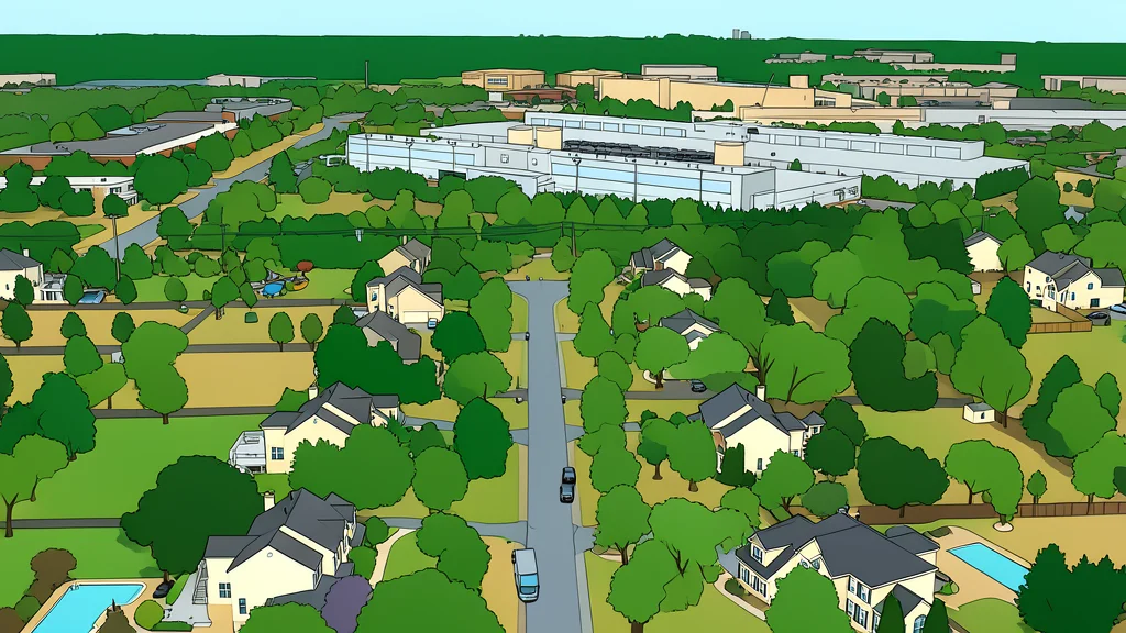 A large, windowless industrial warehouse with cooling towers standing next to a row of suburban houses