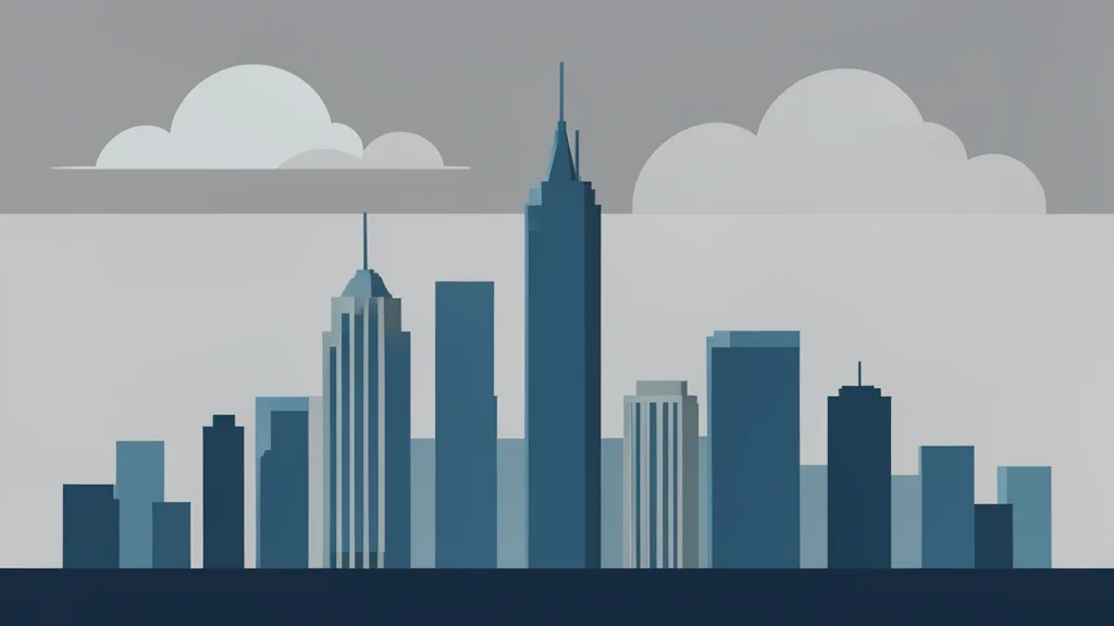 A modern city skyline with skyscrapers under a cloudy sky