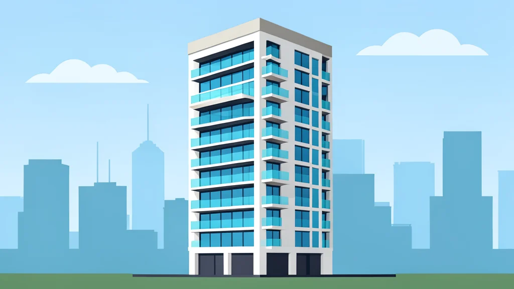 A modern high-rise residential building with glass balconies overlooking a city skyline.