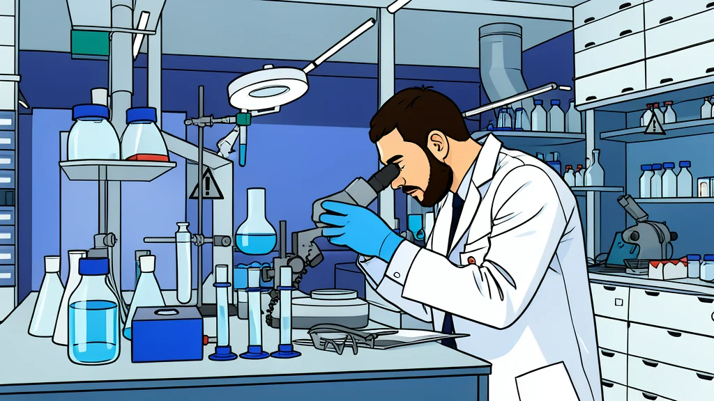 A clear glass vial standing on a white laboratory bench.