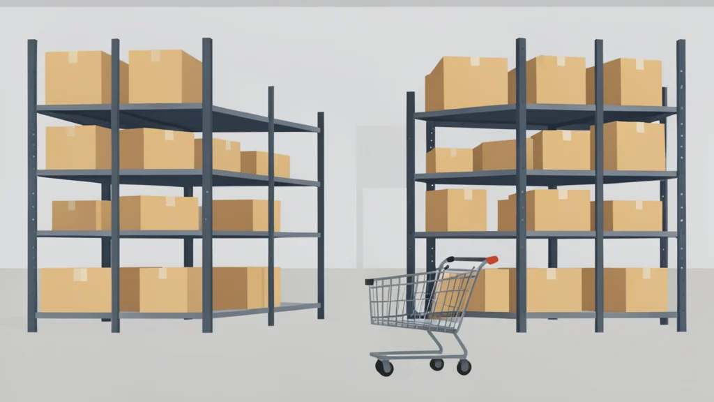 A large, modern retail warehouse interior with tall shelving units and a shopping cart