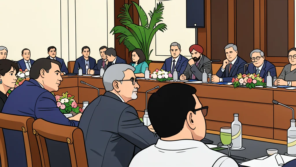 A large, round conference table with empty chairs arranged in a circle, symbolizing multilateral negotiation and partnership.