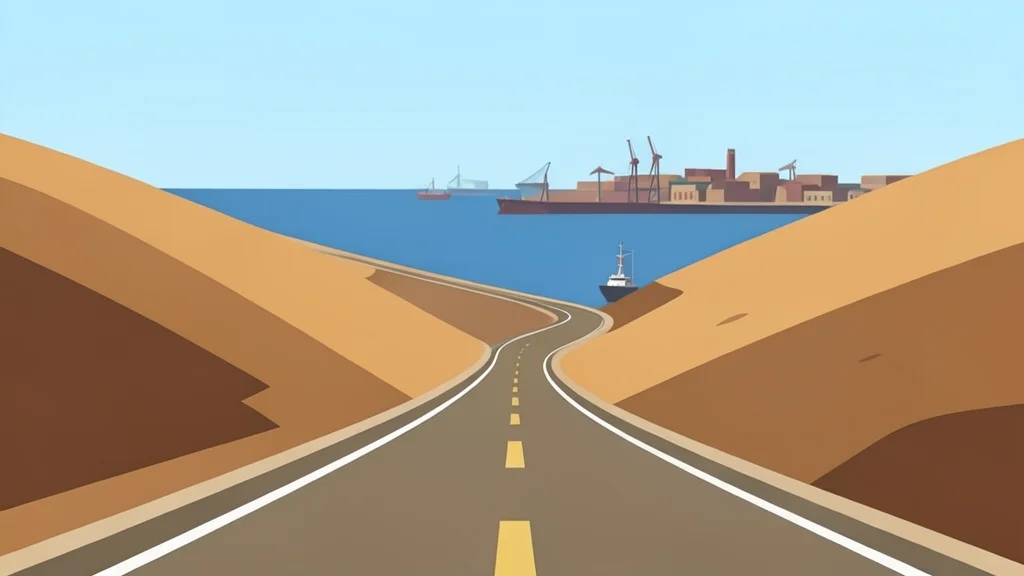 A dusty coastal road winding through arid hills towards a distant port city