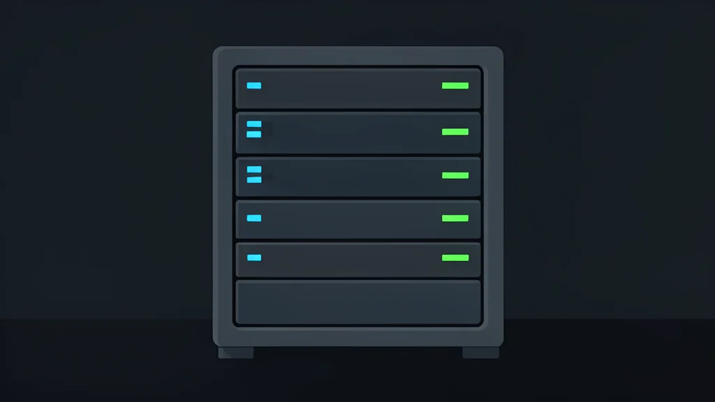 A dark server room with a central rack featuring glowing blue and green status lights.
