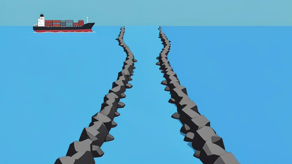A narrow, rocky strait connecting two large bodies of water with a cargo ship passing through
