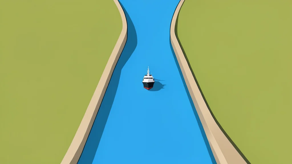 A flat vector illustration of a narrow strait connecting two landmasses with a single ship.