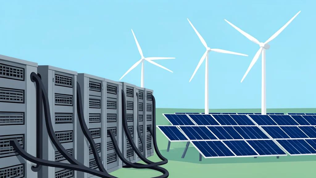 A vast industrial landscape featuring rows of large, boxy server racks connected by thick cables, set against a backdrop of wind turbines and solar panels under a clear sky.