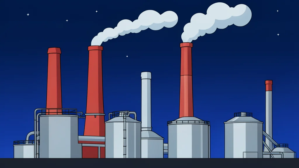 An industrial refinery complex with tall smokestacks and storage tanks under a night sky
