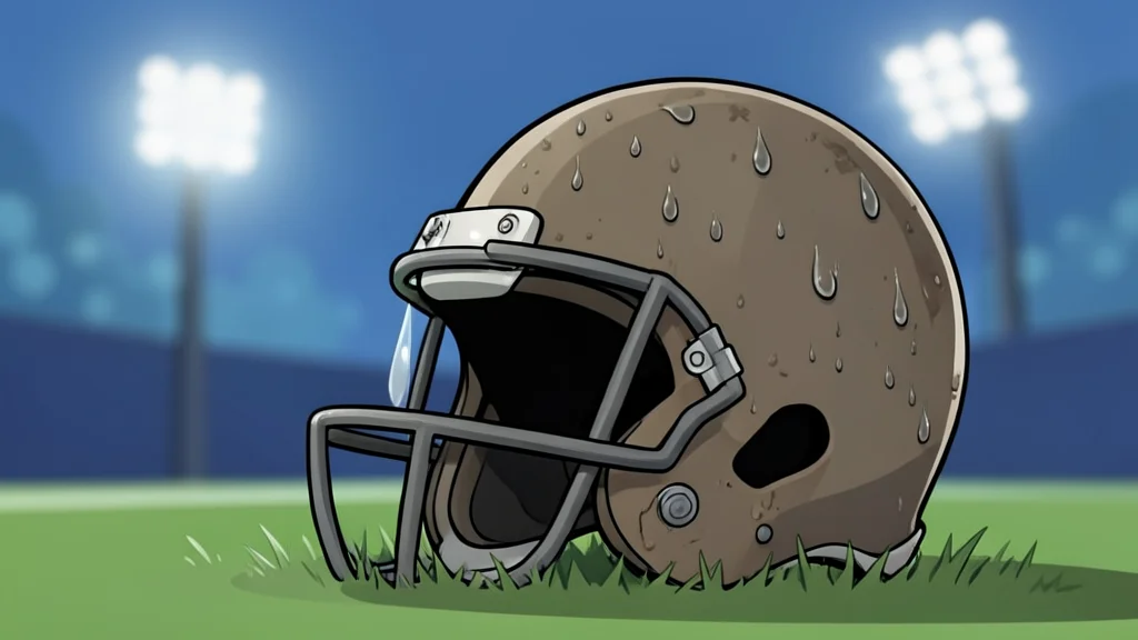 A football resting on the grass of a stadium field under a cloudy sky