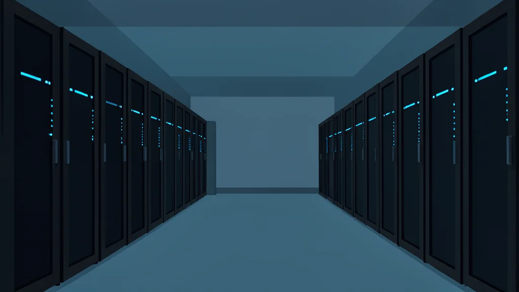 A vast, dimly lit server room with rows of tall black cabinets and glowing blue status lights