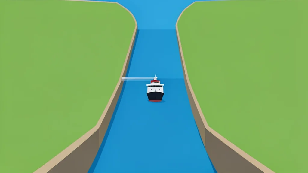 A single ship navigating a narrow strait between two large landmasses in a flat vector style.