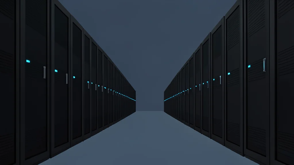 A vast, dimly lit server room with rows of tall, black metal cabinets stretching into the distance, illuminated by soft blue status lights.