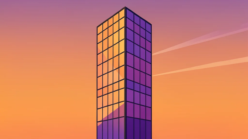 A modern glass skyscraper reflecting the sunset sky