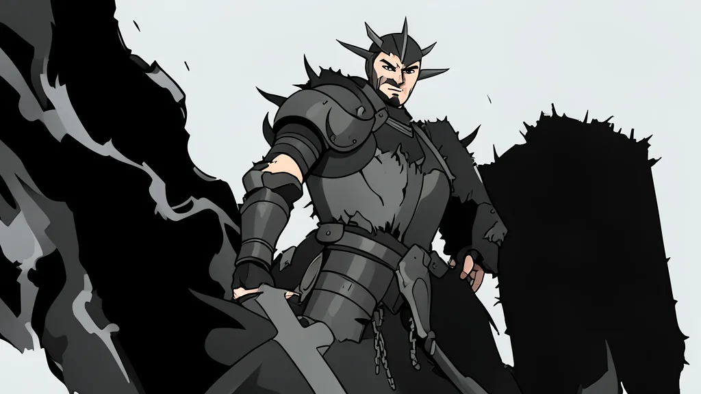 A heavy, ornate suit of medieval plate armor standing in a dark, misty dungeon corridor