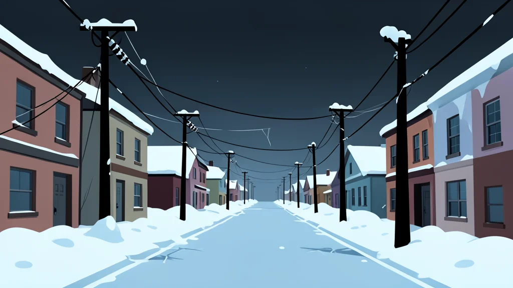 A frozen, snow-covered residential street with broken power lines and a dark, overcast sky