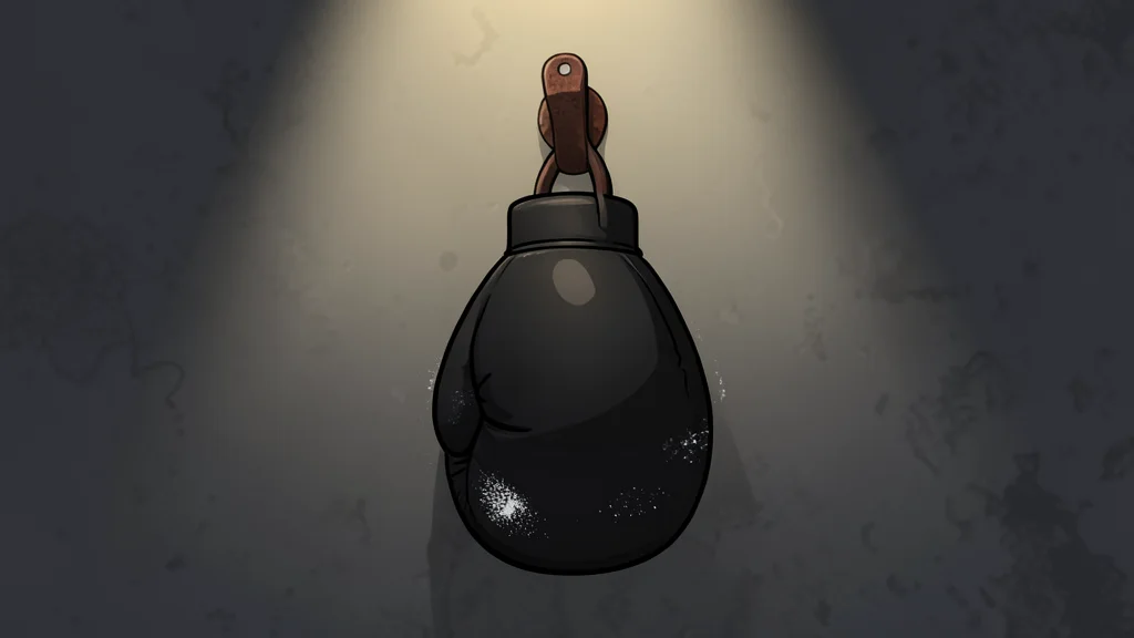 A pair of red boxing gloves resting on a leather stool in a dimly lit corner of a gym