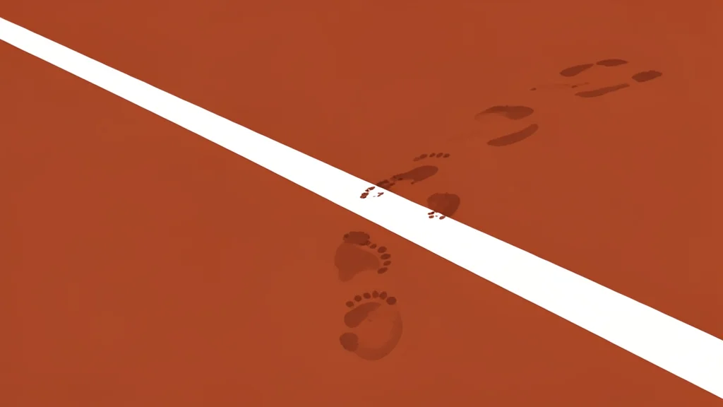 A flat-vector illustration of a red clay tennis court with white boundary lines and a net stretched across the center.