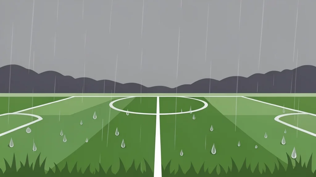 A wet, grassy football field under a grey, overcast sky with rain droplets on the ground