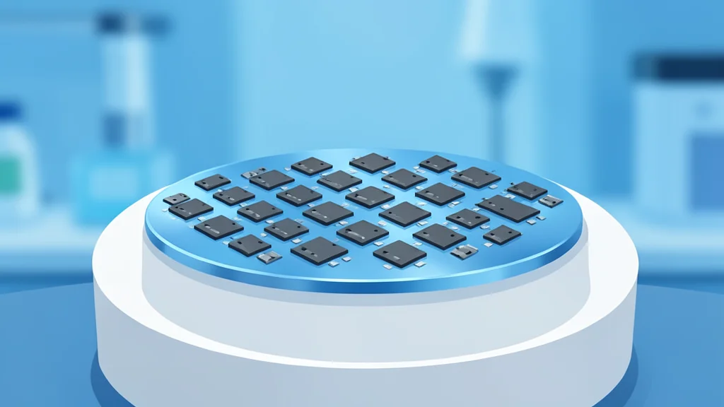 A multi-layered silicon wafer featuring intricate geometric circuit patterns etched into its surface.