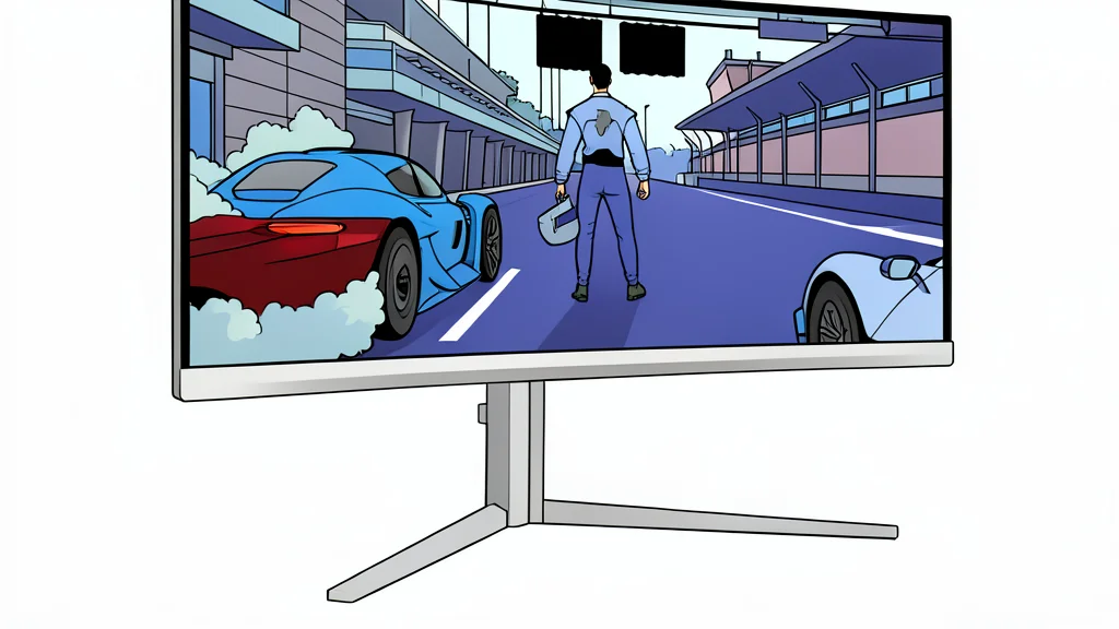 A curved ultrawide computer monitor displaying a vibrant abstract landscape