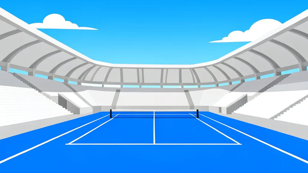 A large, open-air tennis stadium with a blue hard court and white boundary lines under a clear sky